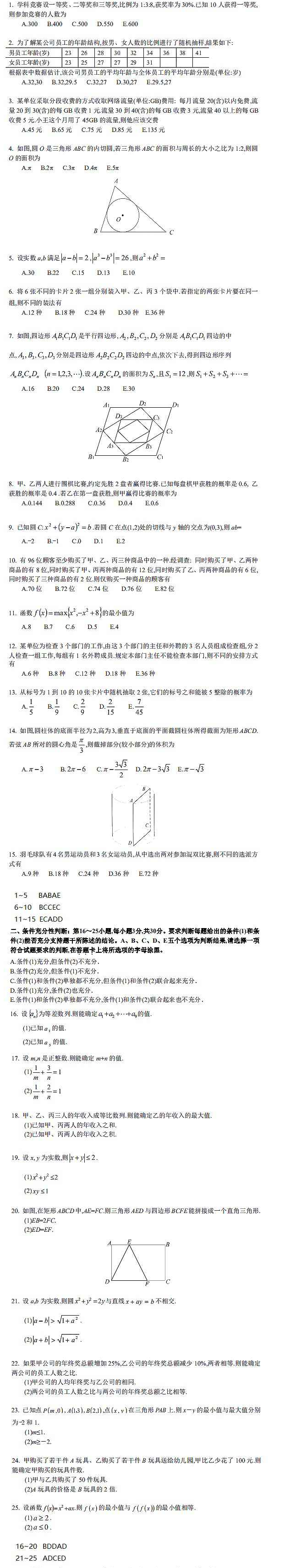 2018年管理类联考数学真题及答案解析